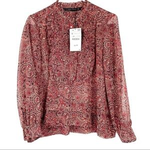 ZARA Paisley Print Chiffon Jewel Button Front Ruffle Long Sleeve Blouse Top NWT